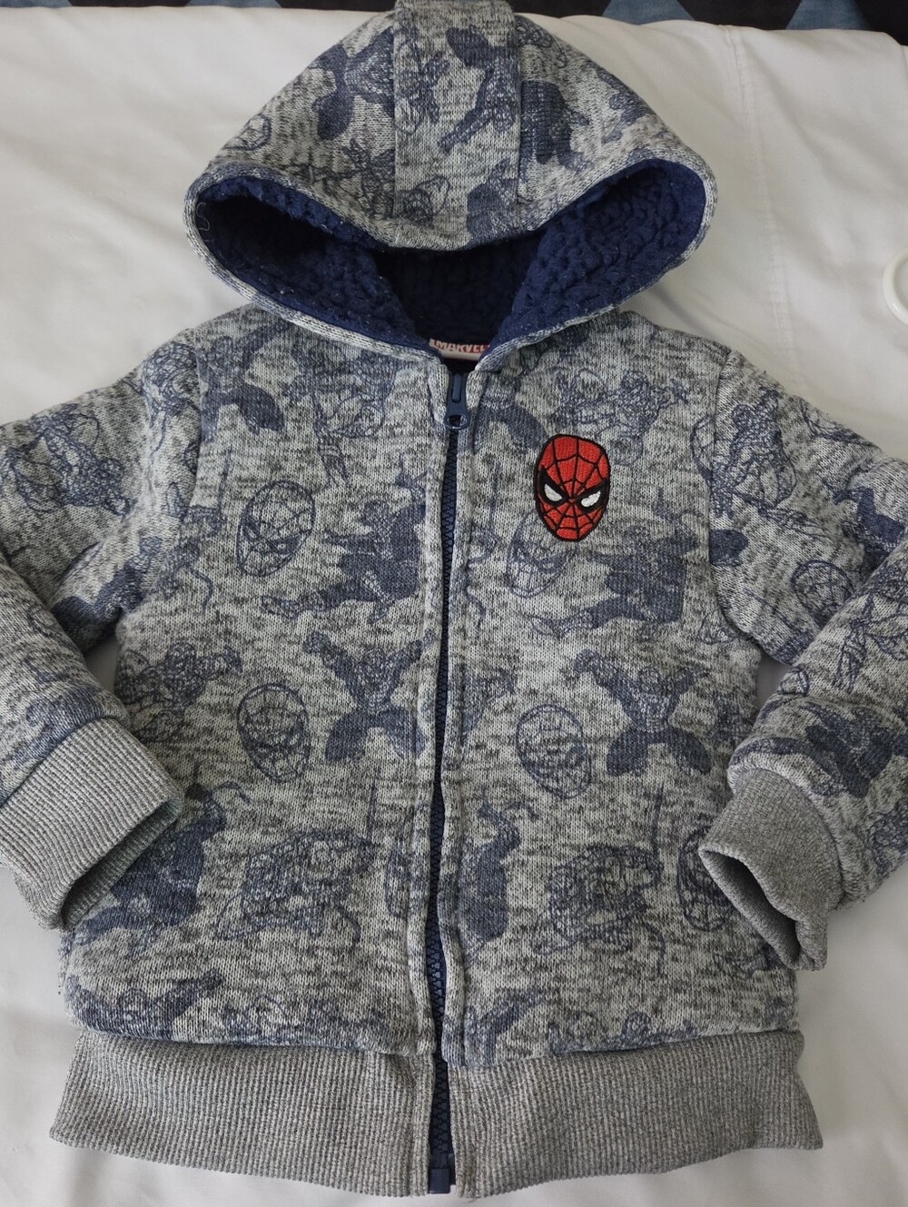 Marvel Kids Gray & Blue Spider-Man Hooded Zip Hoodie. Side Pockets 4T